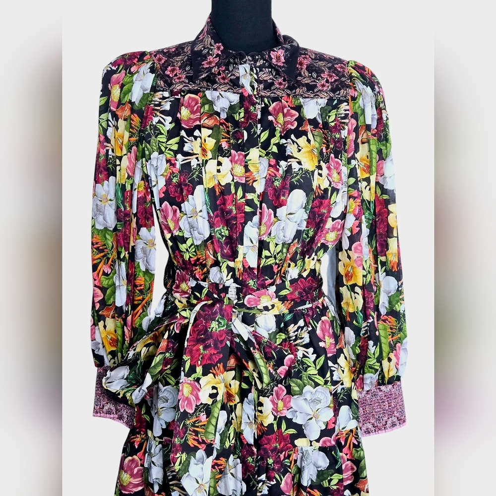 Alice + Olivia Black Floral Mini Dress with White, Yellow & Pink Blooms - Picture 4 of 15